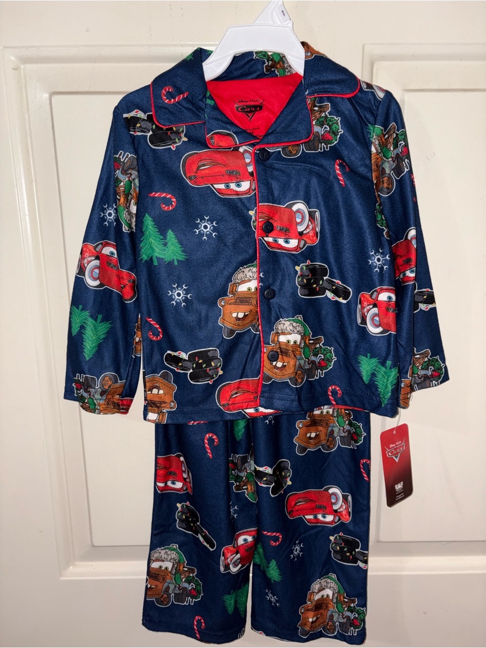 Disney Kids Navy Cars Holiday Pajama Set with Red & Green Accents